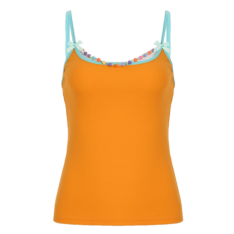 Girls' Summer Dopamine Color Beaded Bow Sling Top – Cute & Sexy All-Match Cam