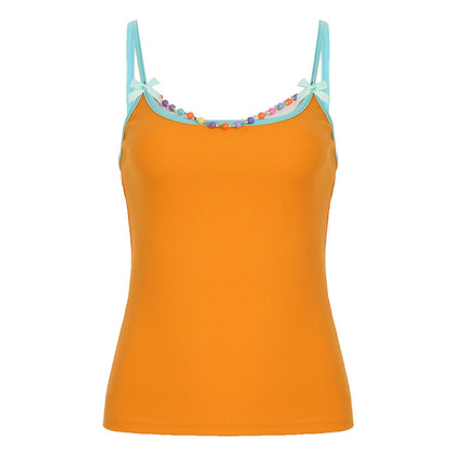 Girls' Summer Dopamine Color Beaded Bow Sling Top – Cute & Sexy All-Match Cam