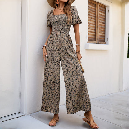 Women's Printed Wide Leg Jumpsuit - Fashion Boho Romper with Pockets