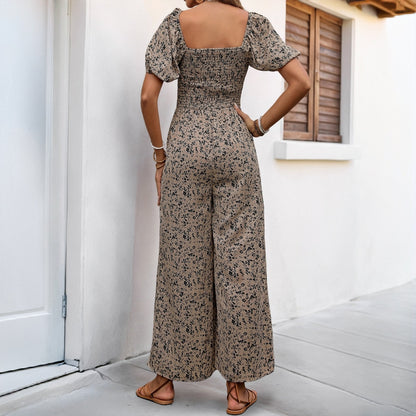 Women's Printed Wide Leg Jumpsuit - Fashion Boho Romper with Pockets