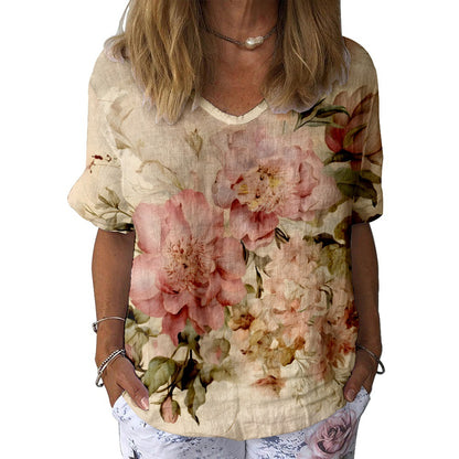 Women's Color 3D Digital Printed V-neck Short Sleeve