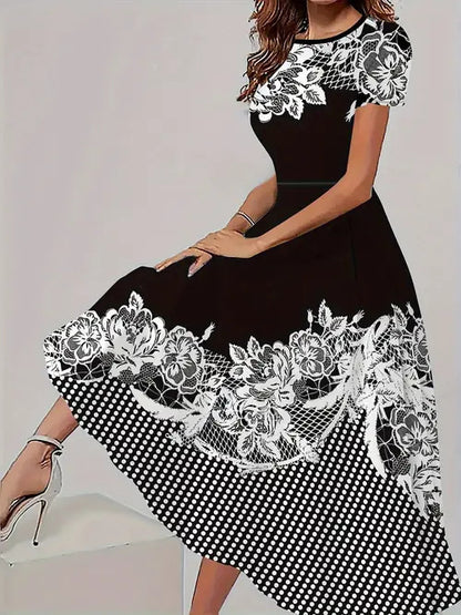 Women's Trendy Floral Print Short Sleeve Dress – Casual All-Match Round Neck Summer Outfit
