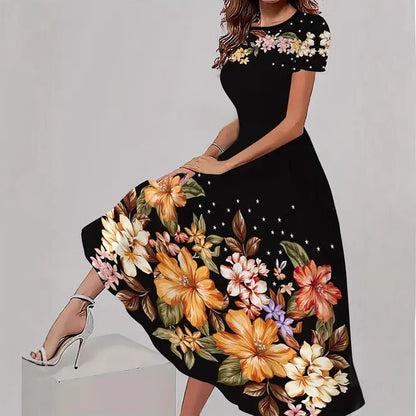 Women's Trendy Floral Print Short Sleeve Dress – Casual All-Match Round Neck Summer Outfit