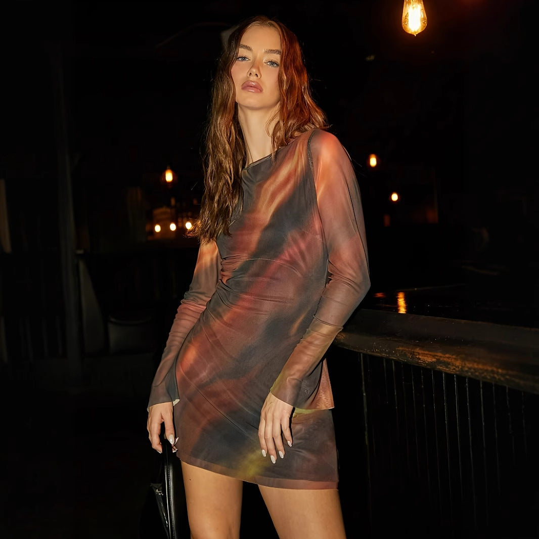 Women's Summer Backless Dress - Waist Trimming Floral Print Silk Mesh Short Dress