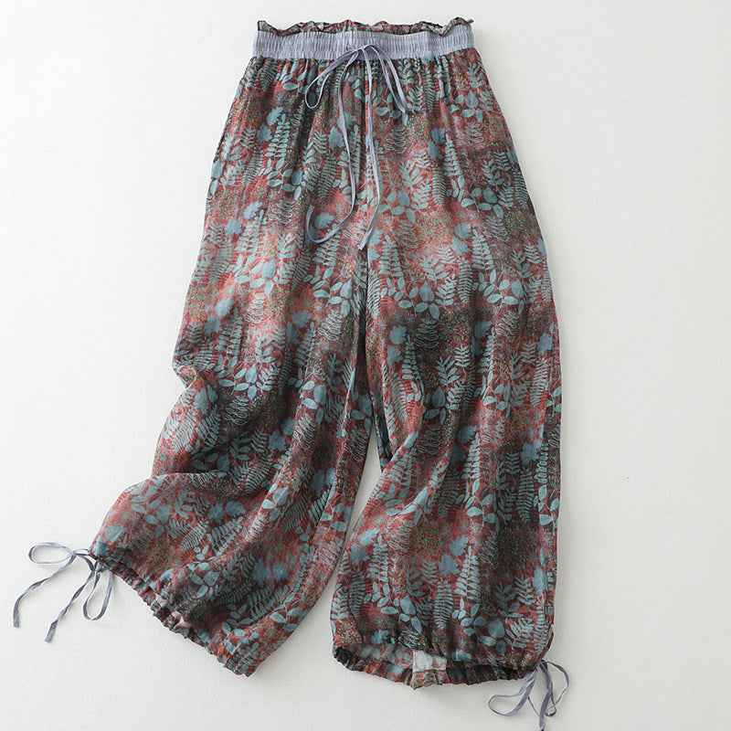 Women's Cotton Linen Retro Print Pants – Loose Fit Casual Trousers for Everyday Wear