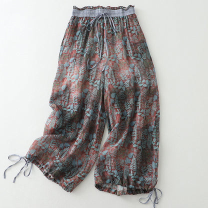 Women's Cotton Linen Retro Print Pants – Loose Fit Casual Trousers for Everyday Wear