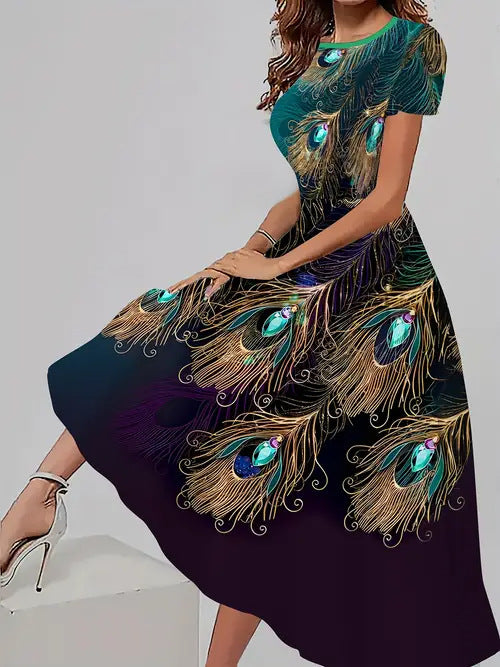 Women's Trendy Floral Print Short Sleeve Dress – Casual All-Match Round Neck Summer Outfit