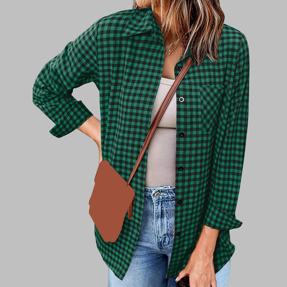 Women's Plaid Print Shirt - Lapel Collar Loose Fit Long Sleeve Blouse