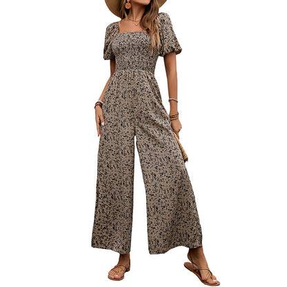 Women's Printed Wide Leg Jumpsuit - Fashion Boho Romper with Pockets