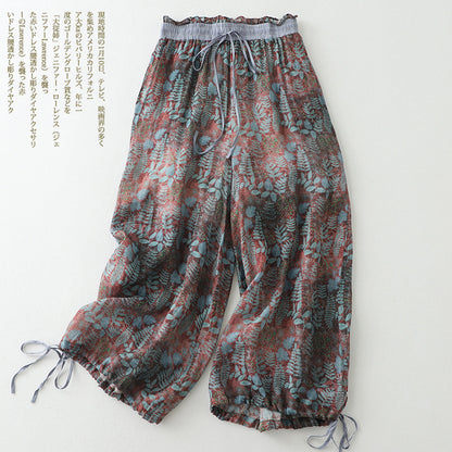 Women's Cotton Linen Retro Print Pants – Loose Fit Casual Trousers for Everyday Wear