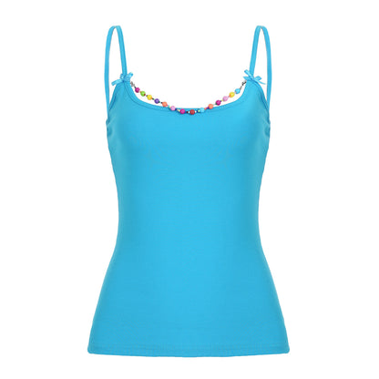Girls' Summer Dopamine Color Beaded Bow Sling Top – Cute & Sexy All-Match Cam