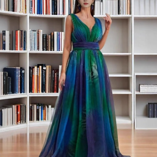 Women's Deep V-Neck Backless Chiffon Maxi Dress – Printed Sleeveless Big Swing Summer Dress