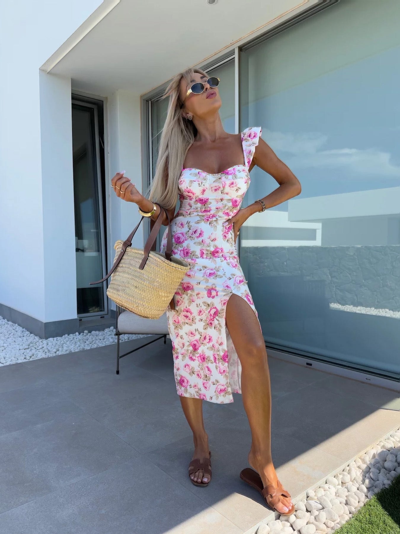 Women's French Flower Print Dress – Sleeveless Split Hem Summer Dress