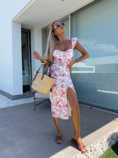 Women's French Flower Print Dress – Sleeveless Split Hem Summer Dress