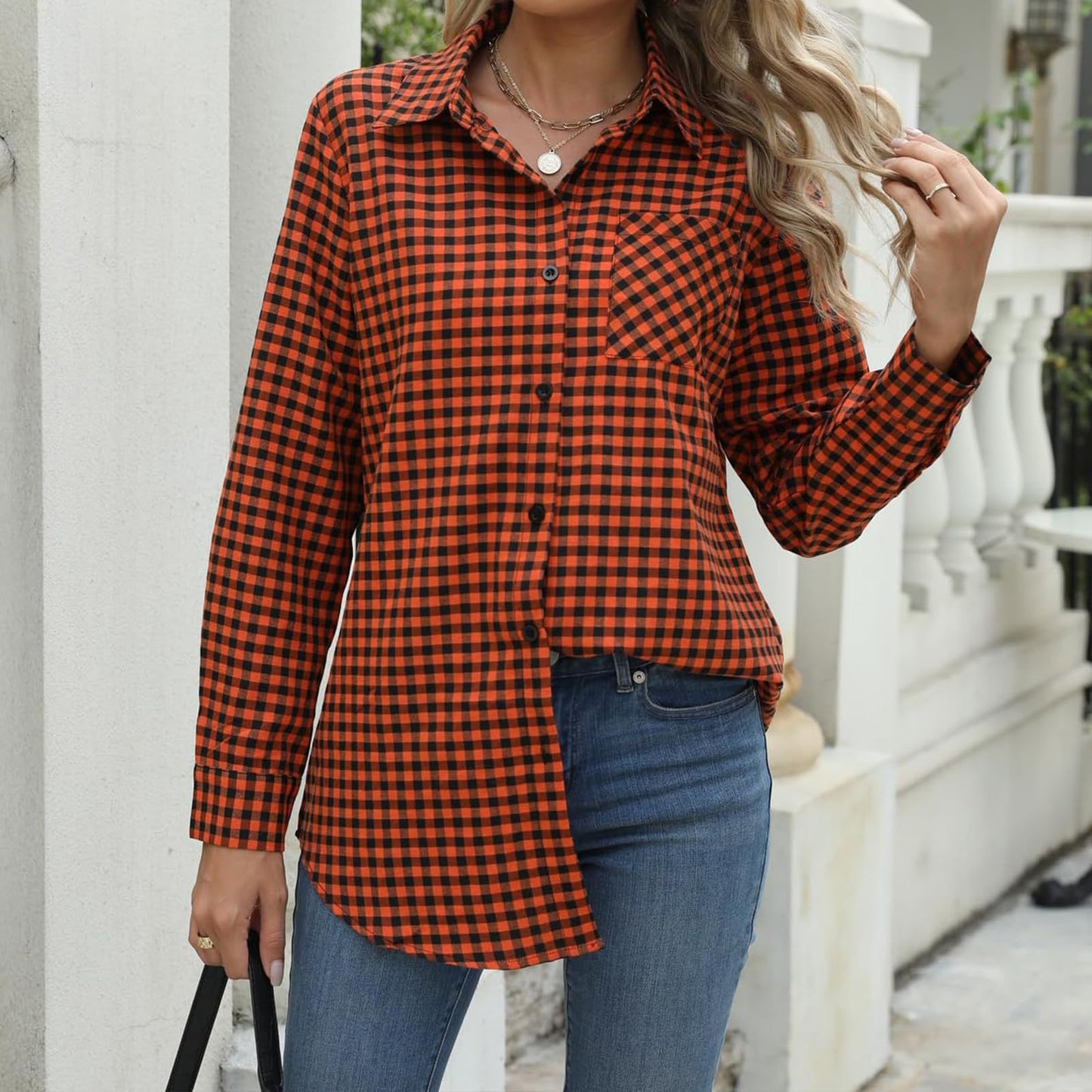 Women's Plaid Print Shirt - Lapel Collar Loose Fit Long Sleeve Blouse