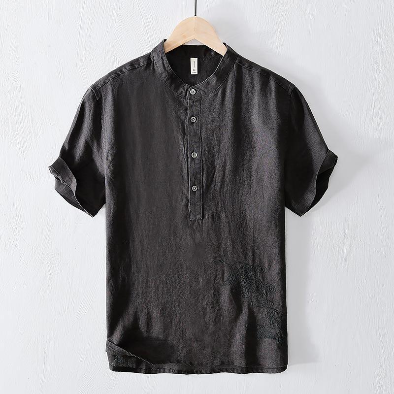 Men's National Style Embroidered Short Sleeve Shirt – Breathable Solid Color Summer Wear