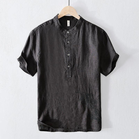 Men's National Style Embroidered Short Sleeve Shirt – Breathable Solid Color Summer Wear