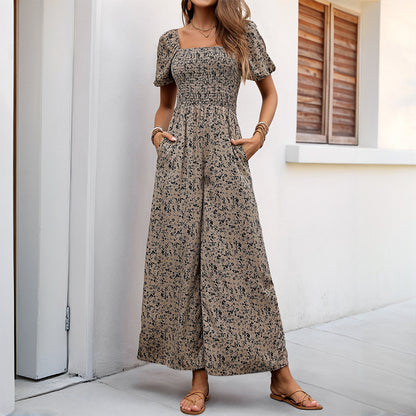 Women's Printed Wide Leg Jumpsuit - Fashion Boho Romper with Pockets