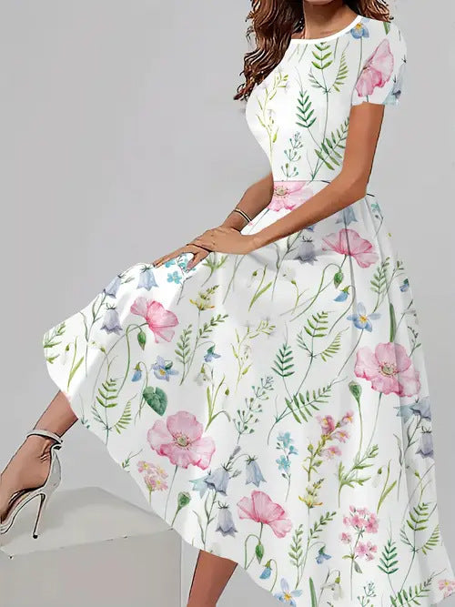 Women's Trendy Floral Print Short Sleeve Dress – Casual All-Match Round Neck Summer Outfit