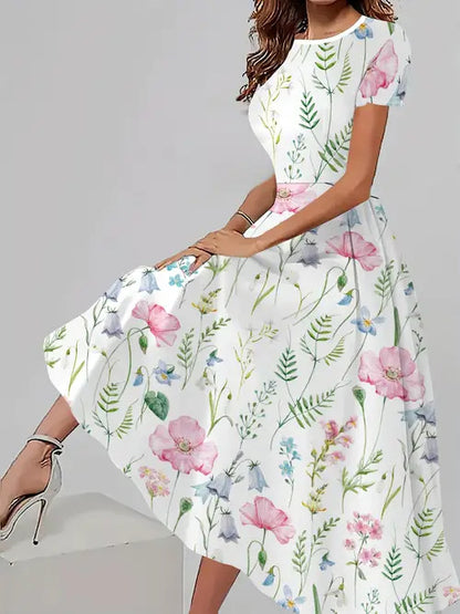 Women's Trendy Floral Print Short Sleeve Dress – Casual All-Match Round Neck Summer Outfit