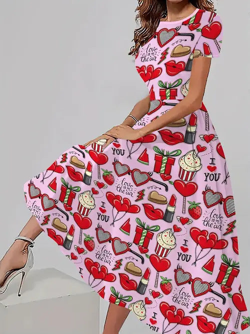 Women's Trendy Floral Print Short Sleeve Dress – Casual All-Match Round Neck Summer Outfit