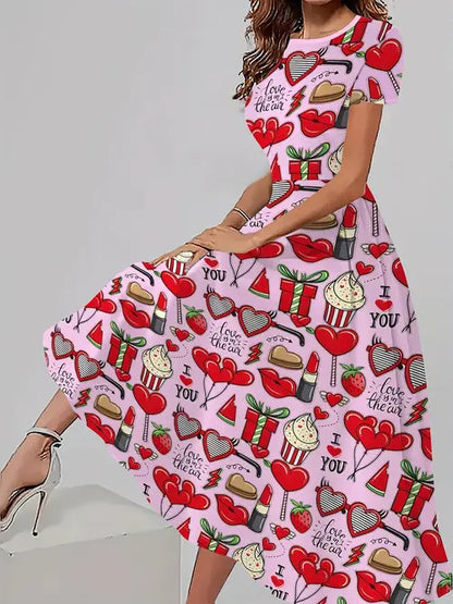 Women's Trendy Floral Print Short Sleeve Dress – Casual All-Match Round Neck Summer Outfit