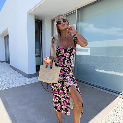 Women's French Flower Print Dress – Sleeveless Split Hem Summer Dress