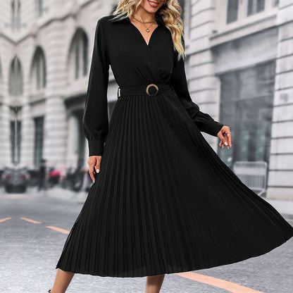 Women's Pleated Shirt Dress – Long Sleeve Lapel Collar Midi Dress