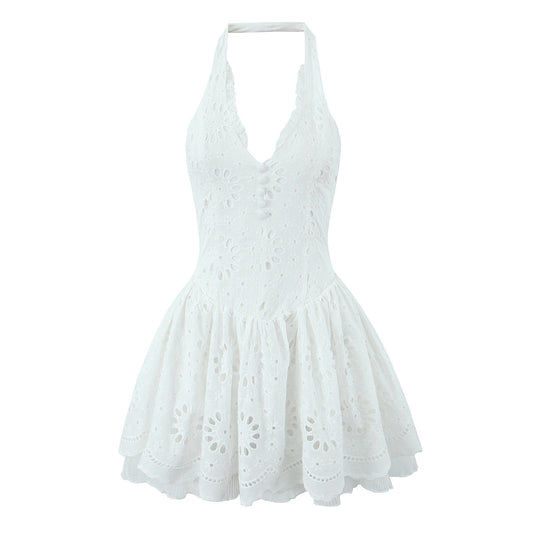 Women's Lace Embroidered Halter Dress – Slim Fit Elegant Sleeveless Evening Wea