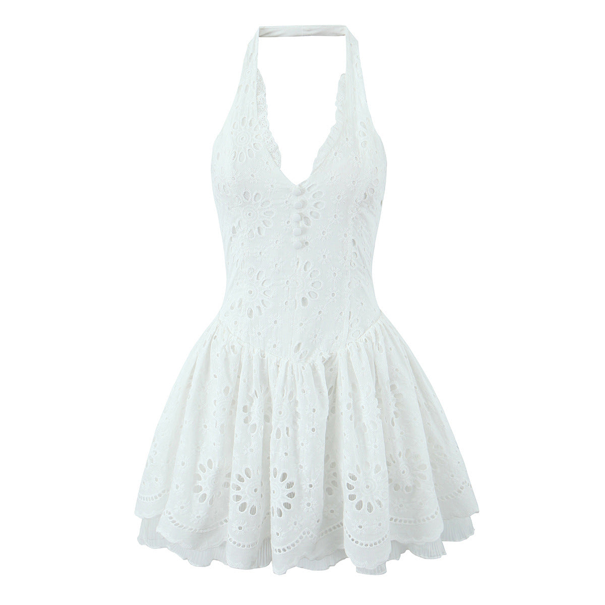 Women's Lace Embroidered Halter Dress – Slim Fit Elegant Sleeveless Evening Wea
