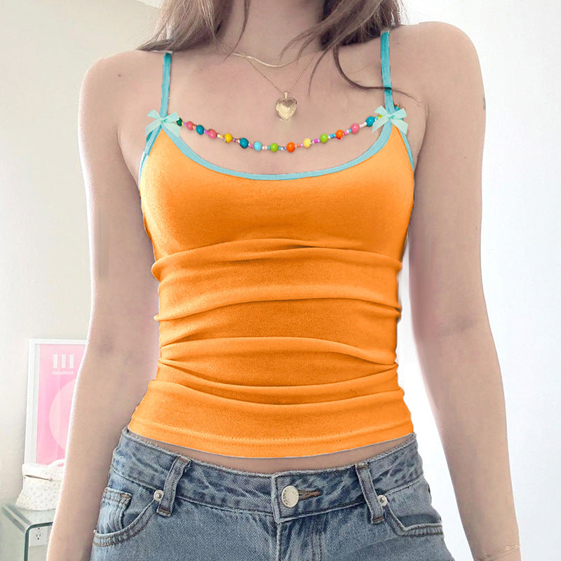 Girls' Summer Dopamine Color Beaded Bow Sling Top – Cute & Sexy All-Match Cam