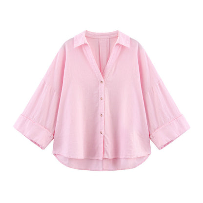 Women's Striped Lapel Shirt - Casual Wide Sleeve Blouse for All-Matching Outfits