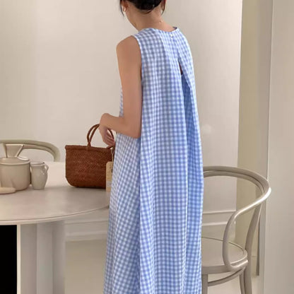 Special-interest Design Hollow Sweet Pleated Plaid Sleeveless Dress