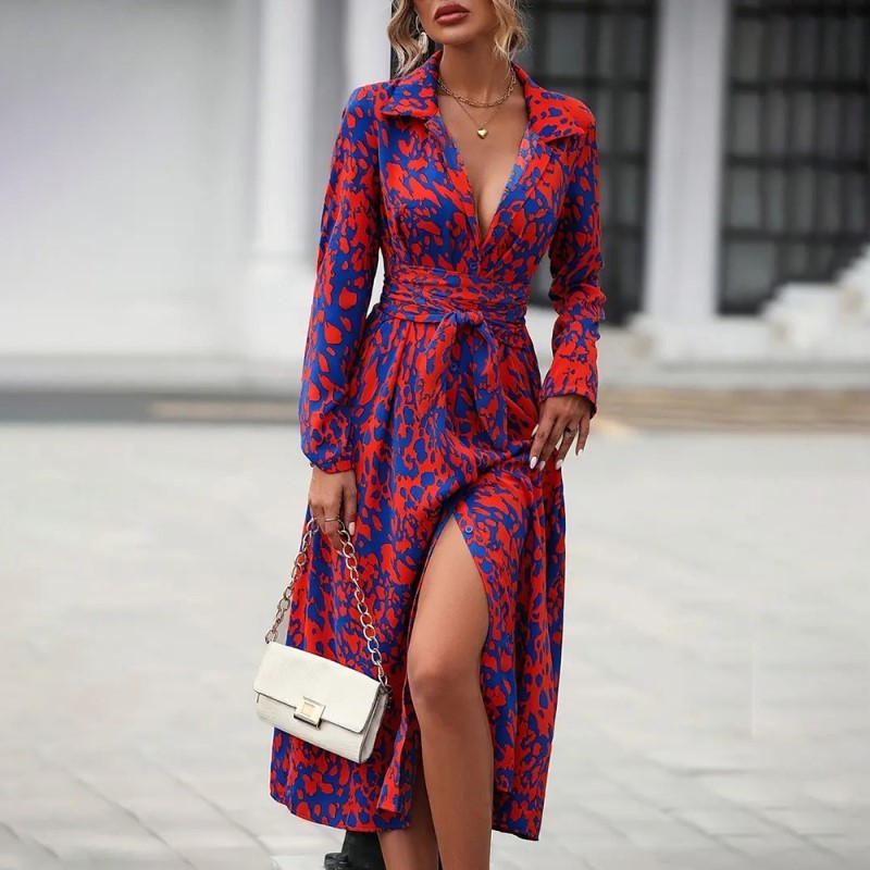 Women's Leopard Print Belted Dress - V-Neck Button Detail Slit Maxi Dress for Spring/Fall