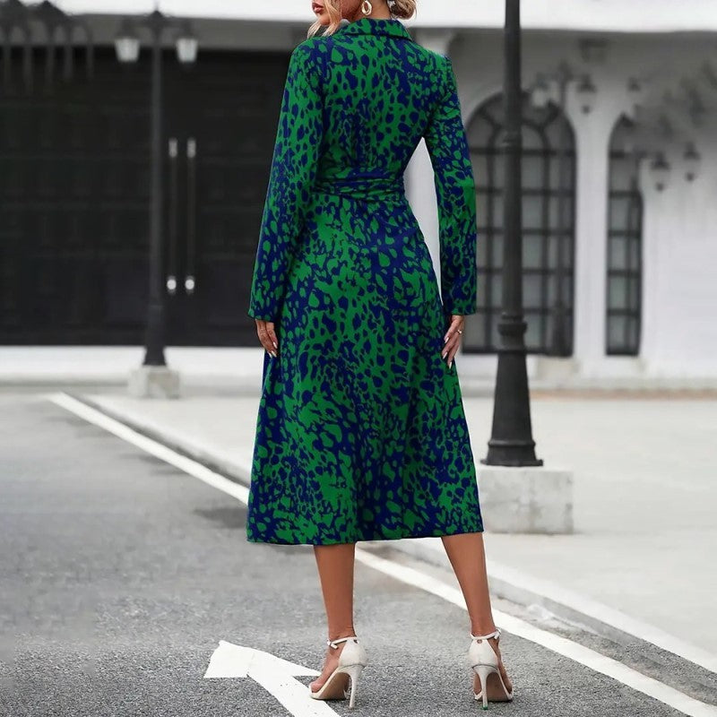 Women's Leopard Print Belted Dress - V-Neck Button Detail Slit Maxi Dress for Spring/Fall