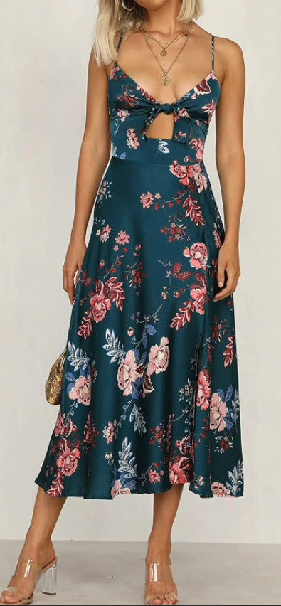 Women's Casual V-neck Spaghetti-strap Floral Print Bow Beach Backless Dress