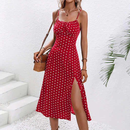 Women's Summer Casual Boho Sundress Polka Dot Sleeveless Spaghetti Strap Backless Side Slit Dresses
