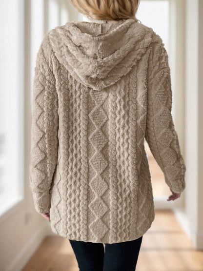 Women Solid Color Long Sleeve Hooded Textured Fleece Jacket For Winter