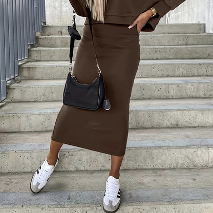 Women's Solid Color Deep V-Neck Top & Sleeveless Dress Set – Stylish Two-Piece Outfit