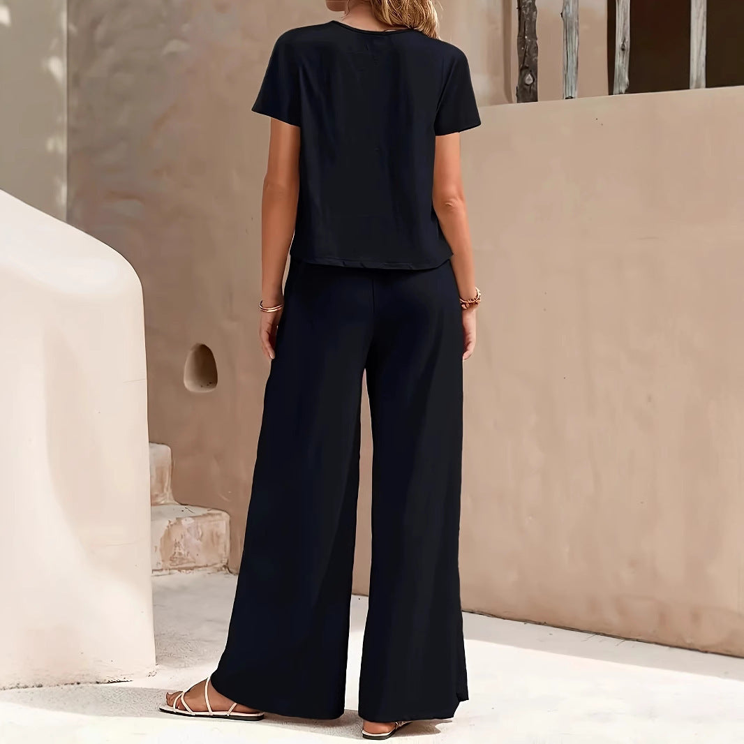Women's Casual Solid Color Top & Wide Leg Pants Set - Stylish Two-Piece Outfit