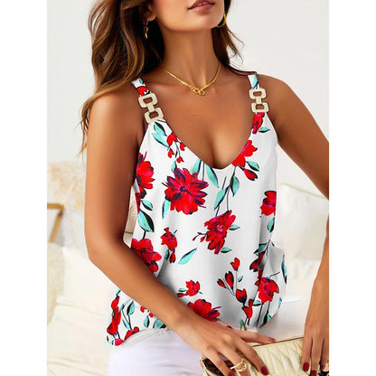 Summer Tank Tops For Women V Neck Chain Straps Sleeveless Top Loose Fit Casual Stripe Shirts Blouse