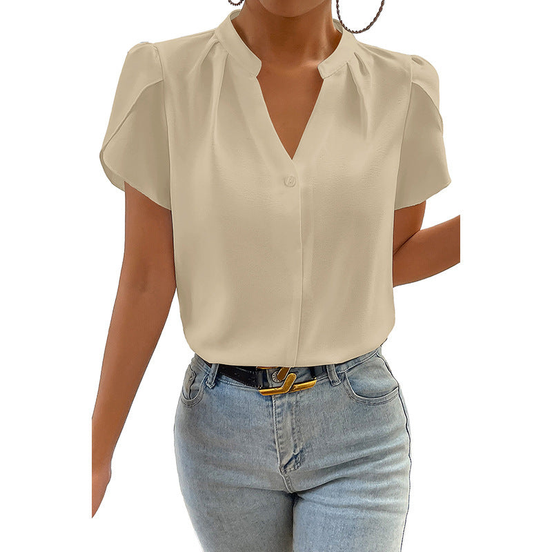 Women's Solid Color V-Neck Chiffon Blouse – Dressy Pullover Top