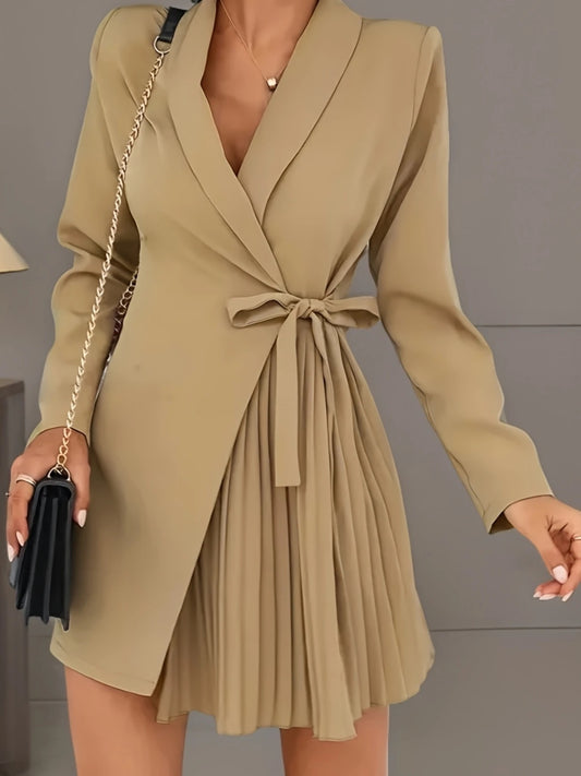 Women's Solid Color Pleated Blazer Dress – Elegant Suit Jacket Style for Office & Formal Wear