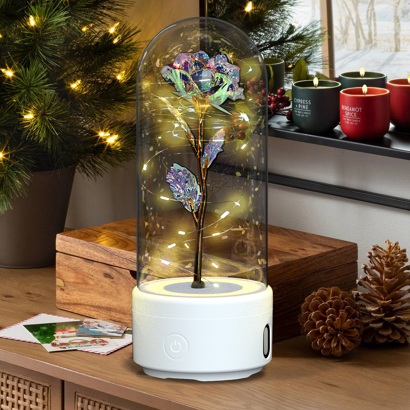2-in-1 Rose LED Light & Bluetooth Speaker – Romantic Gift in Glass Dome