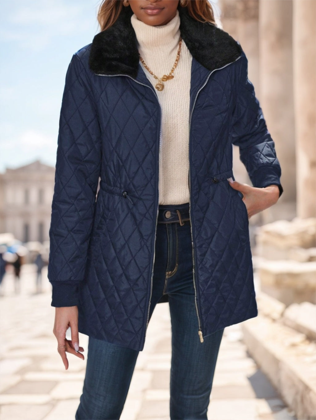 Women's Casual Winter Padded Coat – Contrast-Color Design with Fur Collar & Drawstring Waist