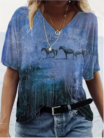 Women's V-Neck Short Sleeve T-Shirt – Comfortable Fashion Tee with Animal & Plant Print
