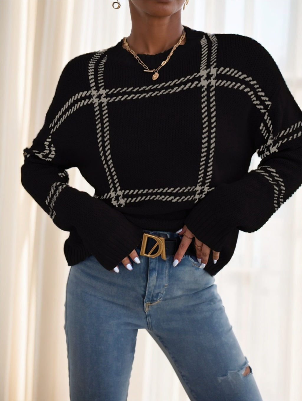 Plaid Pattern Drop Shoulder Sweater Long Sleeve Tops