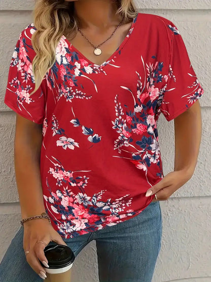 Women's V-Neck Short Sleeve T-Shirt – Comfortable Fashion Tee with Animal & Plant Print
