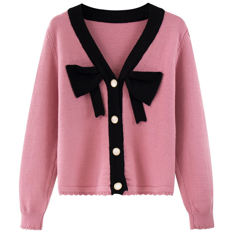 Women's Loose Contrast Color Bow Knit Cardigan Sweater – Single-Breasted Button Down