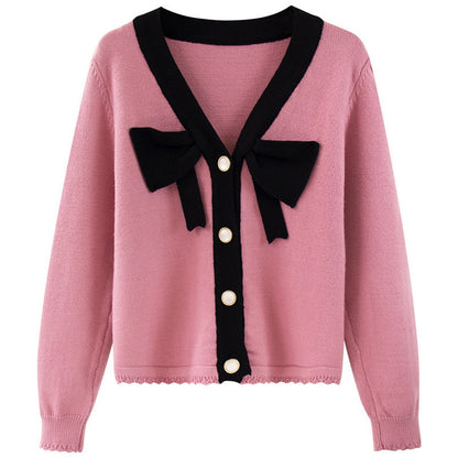 Women's Loose Contrast Color Bow Knit Cardigan Sweater – Single-Breasted Button Down